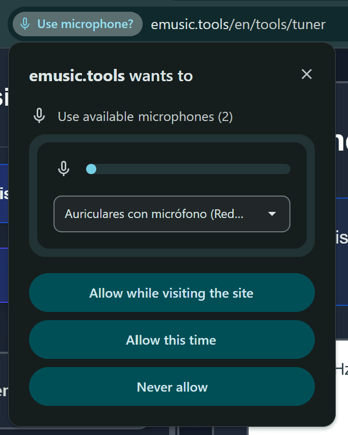 Allowing microphone access in the browser to use the online guitar tuner