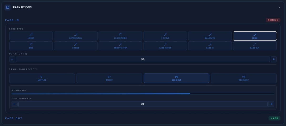 Advanced fade in and fade out transitions in the audio editor