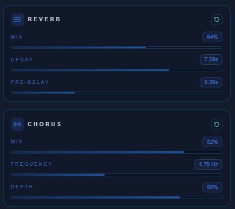 Reverb and chorus effects applied to a voice in the online editor