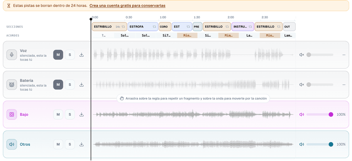 La pantalla de práctica de Ślad con los carriles Voz y Batería silenciados y el aviso silenciada, esta la tocas tú, mientras Bajo y Otros siguen sonando