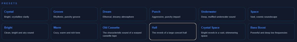 Audio effect presets available in the online editor