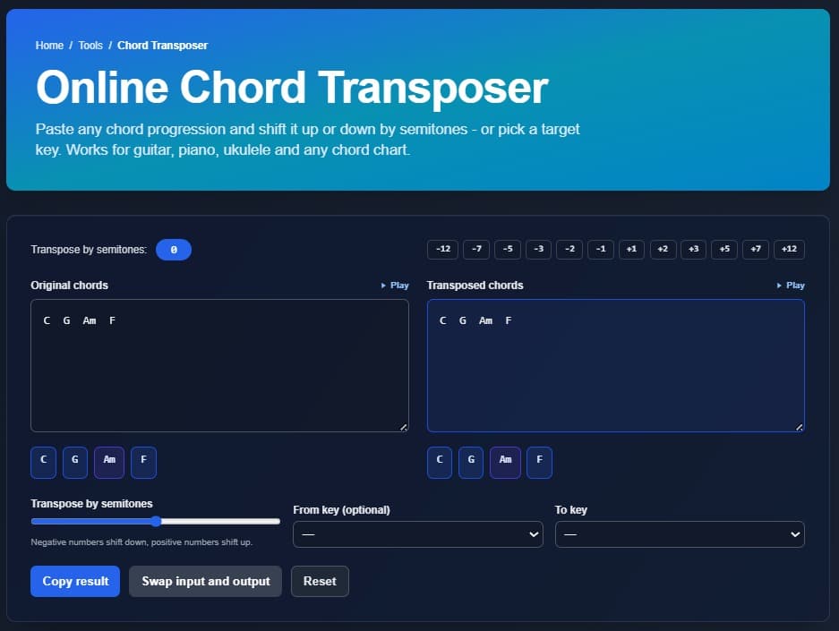 Interfaz del transpositor de acordes de emusic.tools