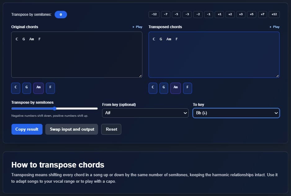 Editando y transponiendo una progresión en el transpositor de emusic.tools