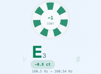 The strobe dial and the note readout, showing the cent deviation and the target frequency