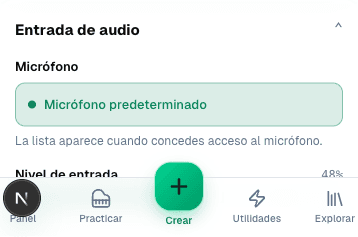 El panel de entrada de audio con el selector de micrófono y el medidor de nivel