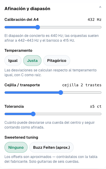 El panel de afinación con A4 a 432 Hz, entonación justa y cejilla en el segundo traste