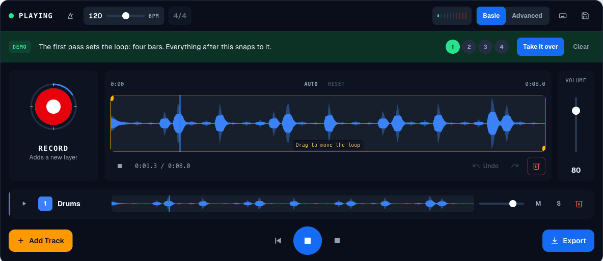 The console after the first pass of the demo: one track called Drums, playing