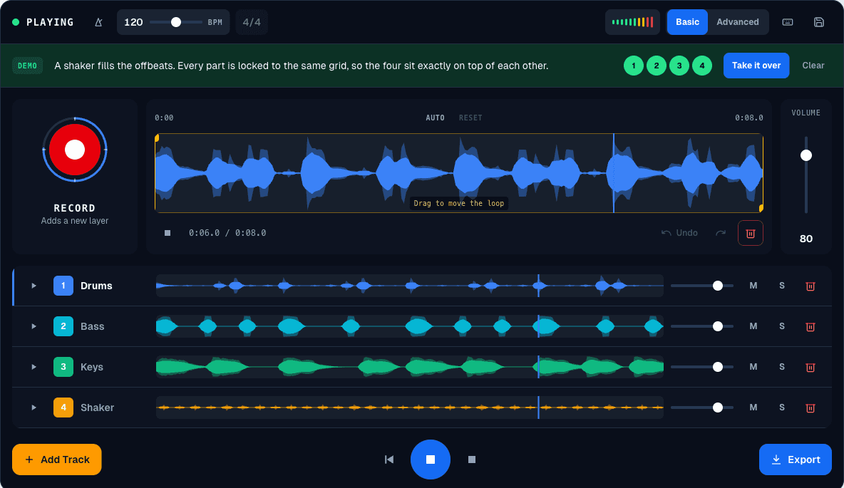 Four tracks in the console: Drums, Bass, Keys and Shaker, all playing