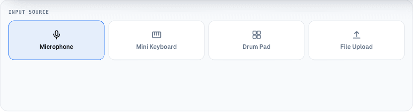 The four input tiles: Microphone, Mini Keyboard, Drum Pad and File Upload