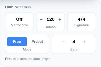 The loop settings card: metronome, tempo, signature, Free-form or Preset mode and the number of bars