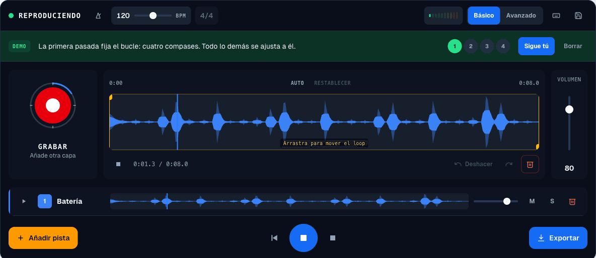 La consola tras la primera vuelta de la demo: una pista llamada Batería, sonando