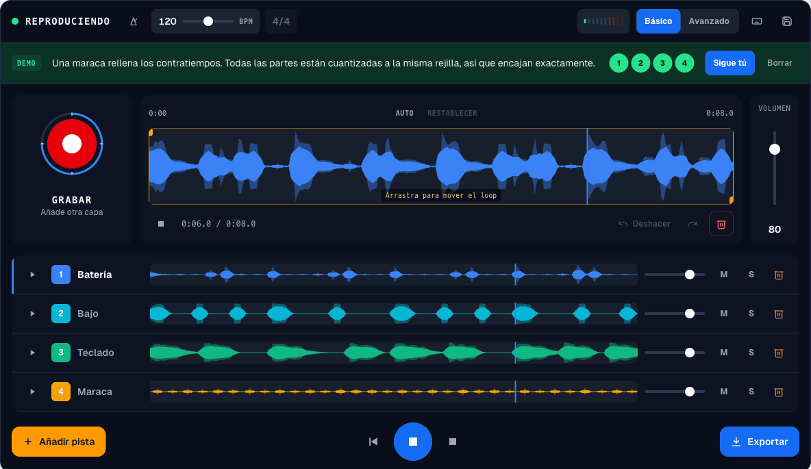Cuatro pistas en la consola: Batería, Bajo, Teclado y Maraca, todas sonando