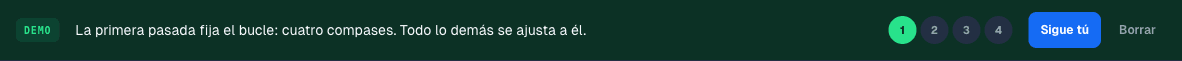 La franja de la demo con una nota sobre la parte actual, cuatro botones de paso y el botón Sigue tú