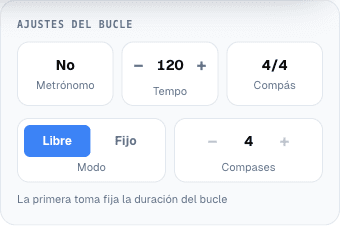 La tarjeta de ajustes del bucle: metrónomo, tempo, compás, modo libre o fijo y número de compases