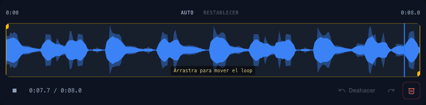 El carril del loop con sus marcadores de inicio y fin, y los botones Auto y Restablecer