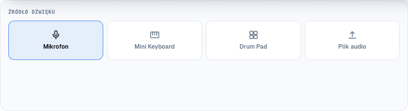 Cztery kafelki źródła dźwięku: Mikrofon, Mini Keyboard, Drum Pad i Plik audio