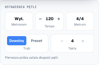 Karta ustawień pętli: metronom, tempo, metrum, tryb dowolny albo preset i liczba taktów