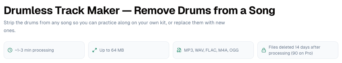 The drumless track maker: processing time, file size limit, supported formats and how long files are kept