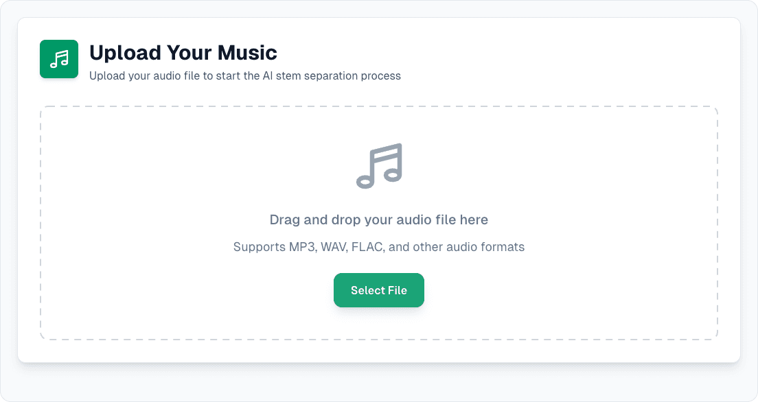 The upload panel on the drumless track maker, with the drop zone and the Select File button