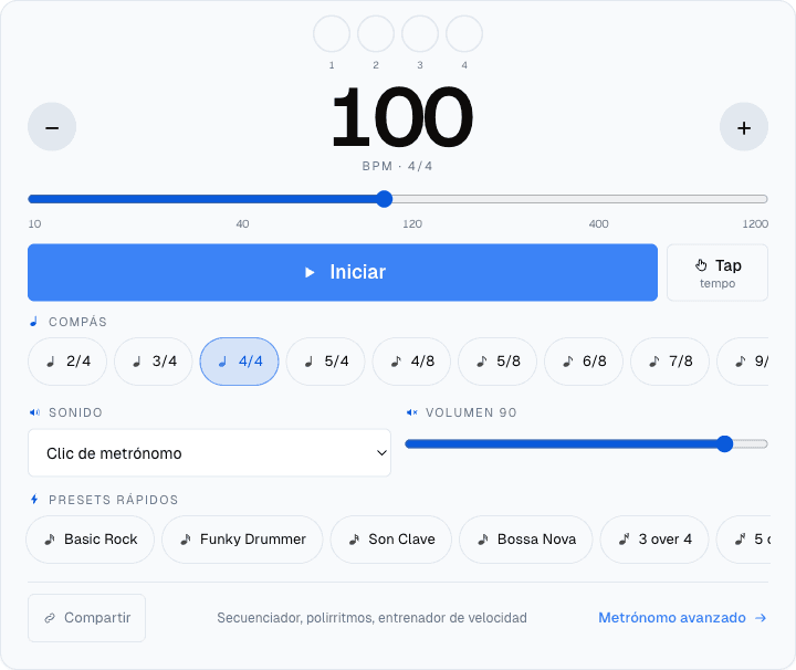 El metrónomo puesto a 100 BPM en 4/4, con el botón de inicio y la fila de compases