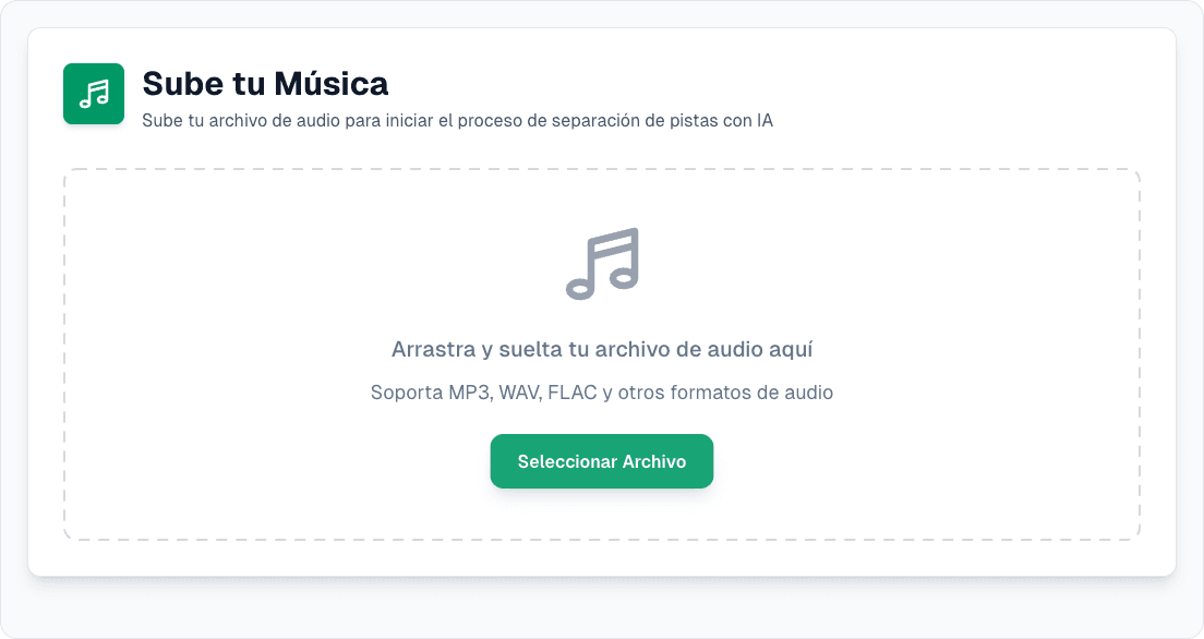 El panel de subida del generador de pistas sin batería, con la zona de arrastre y el botón de seleccionar archivo
