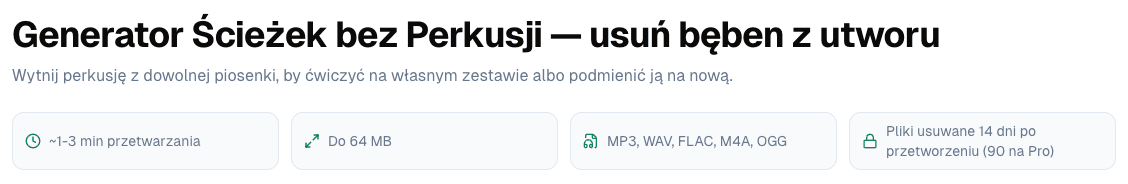 Generator ścieżek bez perkusji: czas przetwarzania, limit wielkości pliku, obsługiwane formaty i czas przechowywania