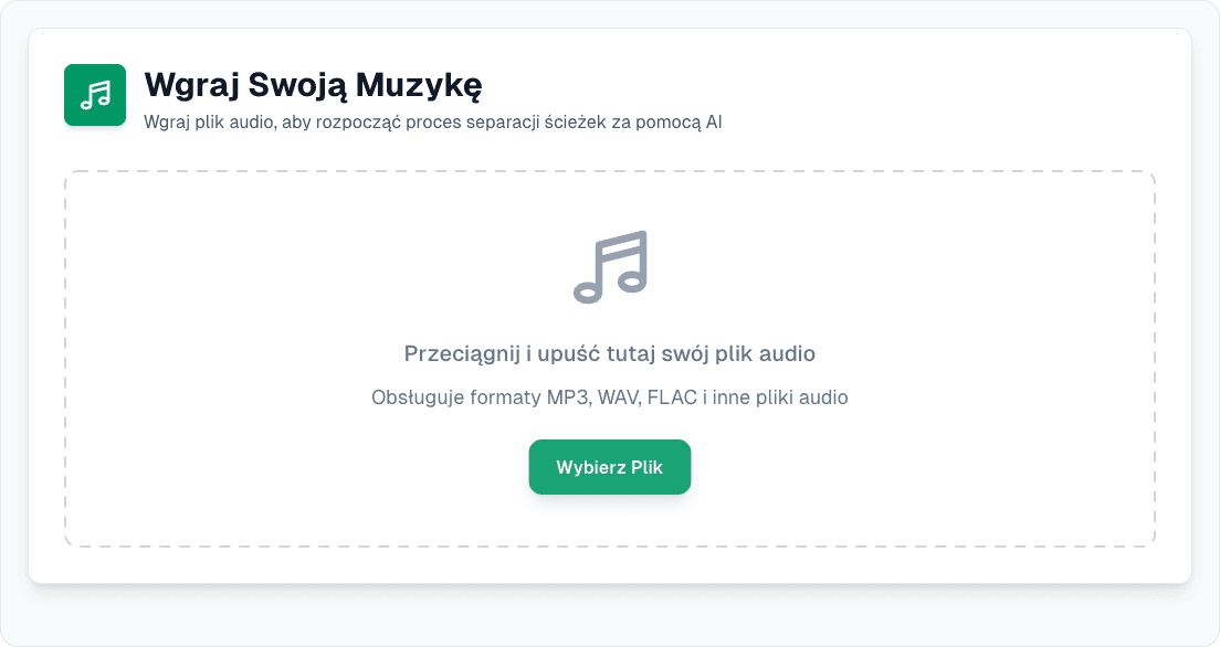 Panel wgrywania w generatorze ścieżek bez perkusji, z polem przeciągania i przyciskiem wyboru pliku