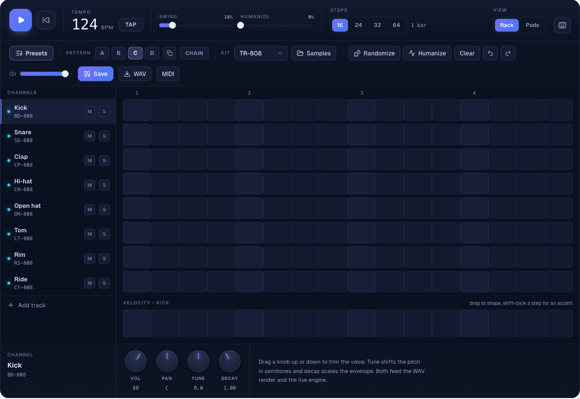 The beat machine with an empty pattern loaded: eight voice rows, sixteen steps, nothing programmed yet
