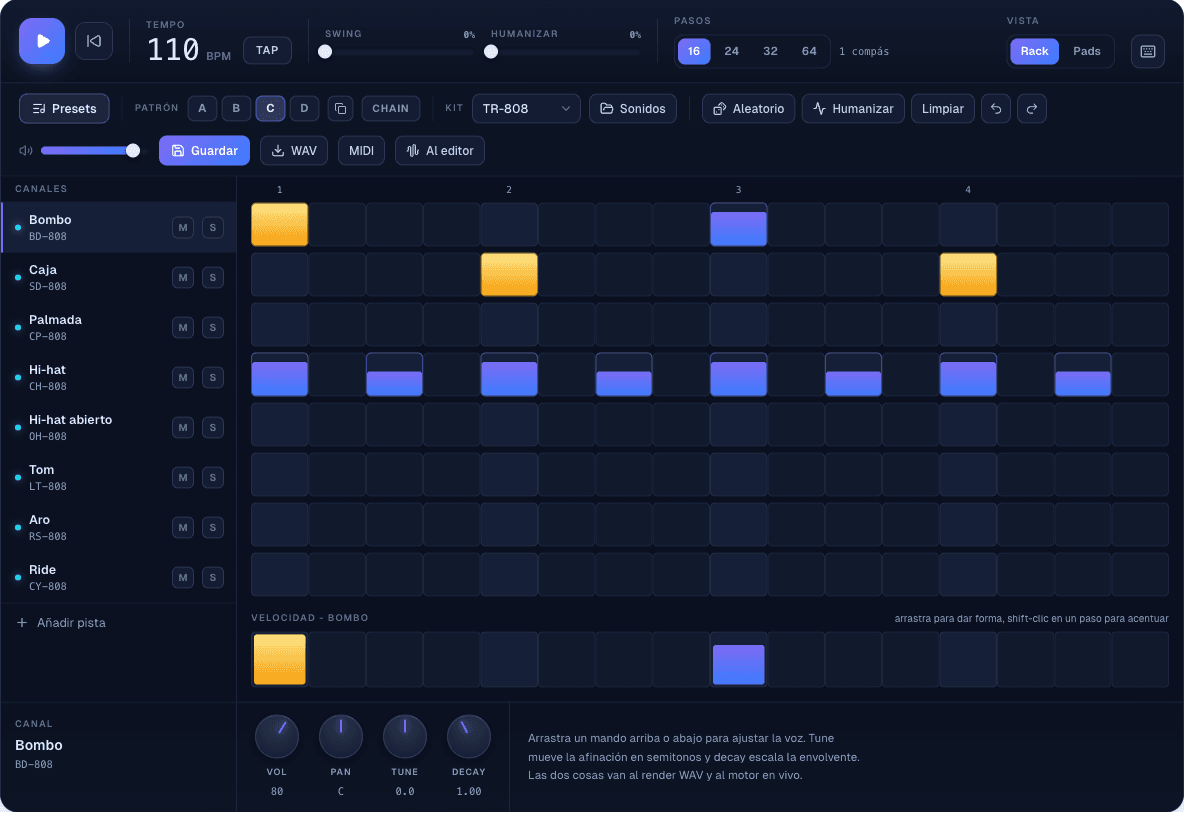 Los botones de exportación WAV y MIDI en la barra de herramientas de la beat machine, junto a Guardar y Al editor