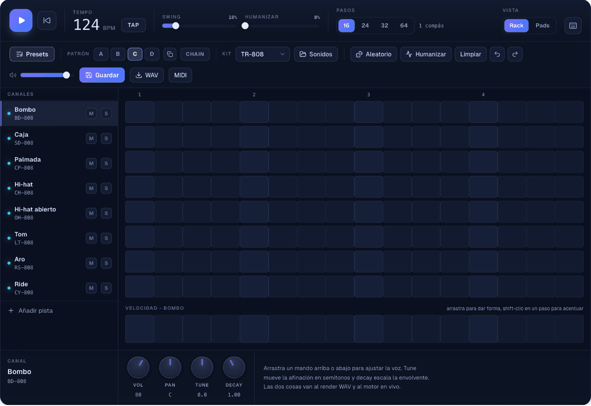 La beat machine con un patrón vacío cargado: ocho filas de voces, dieciséis pasos, nada programado todavía