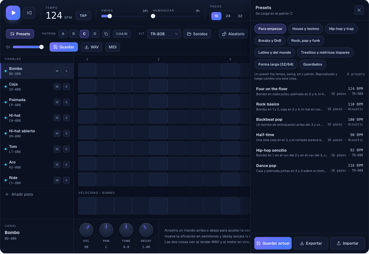 El panel de presets abierto en el grupo Para empezar, mostrando Four on the floor, Rock básico, Backbeat pop, Half-time, Hip-hop sencillo y Dance pop