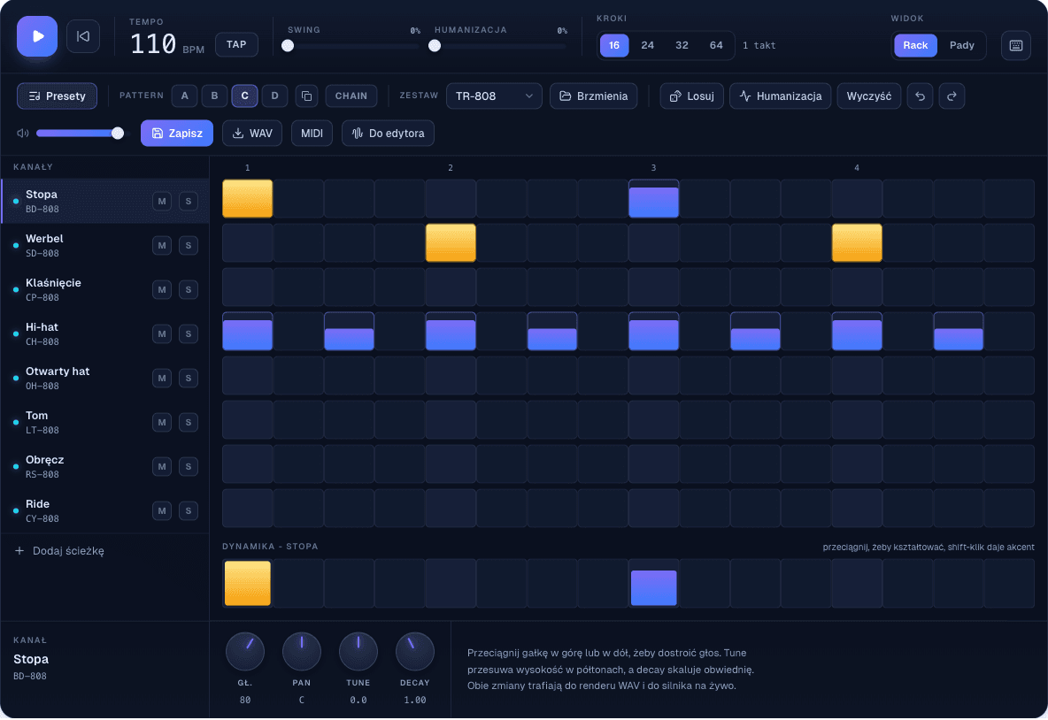 Przyciski eksportu WAV i MIDI na pasku narzędzi beat machine, obok Zapisz i Do edytora