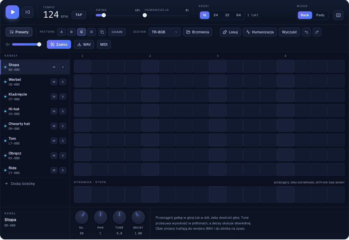 Beat machine z pustym patternem: osiem rzędów głosów, szesnaście kroków, jeszcze nic nie zaprogramowane