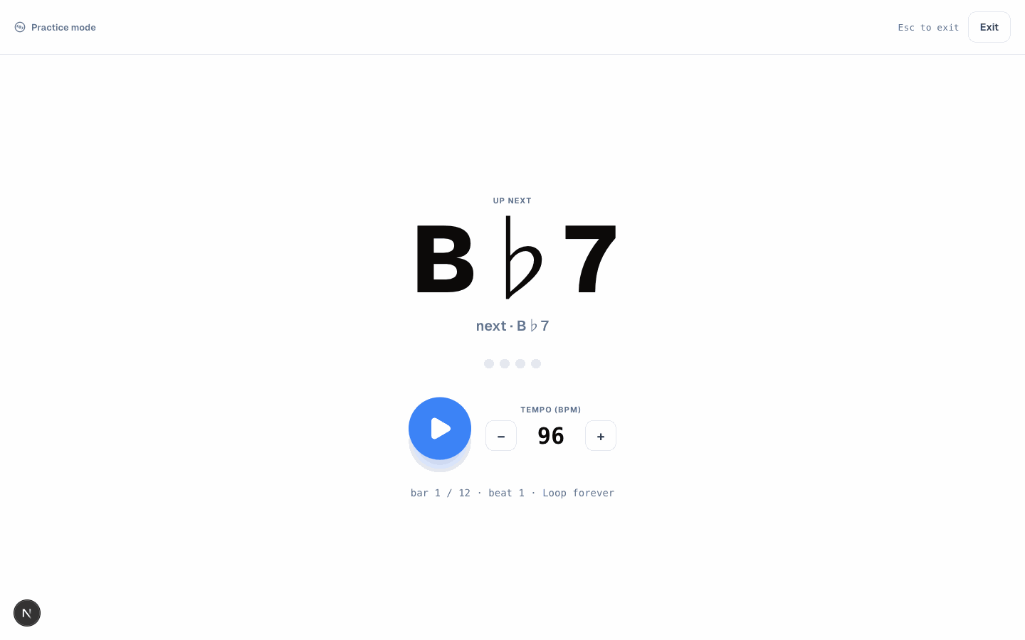 Practice mode showing a large B flat 7 chord readout with the next chord underneath, tempo control, and bar 1 of 12