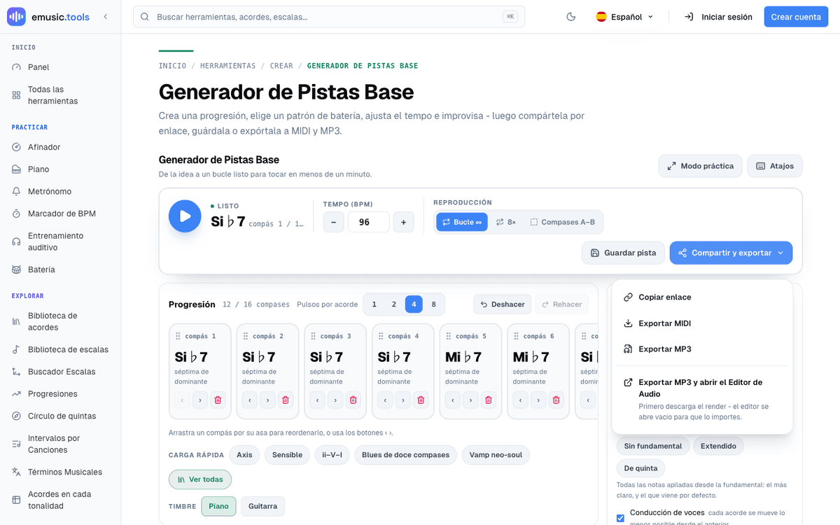 El menú Compartir y exportar abierto, mostrando Copiar enlace, Exportar MIDI, Exportar MP3 y Exportar MP3 y luego abrir el editor de audio