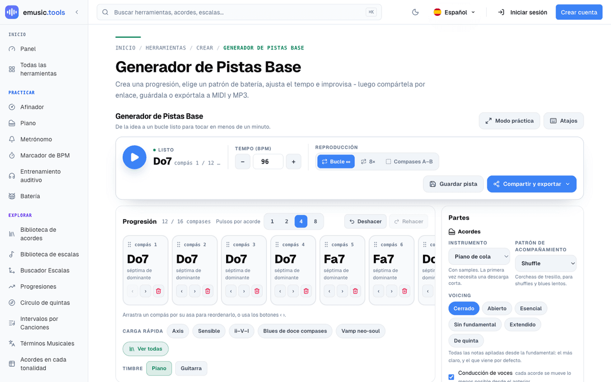 El generador de pistas de acompañamiento con el preset de blues de doce compases cargado en Do7, doce compases visibles en la cuadrícula de progresión