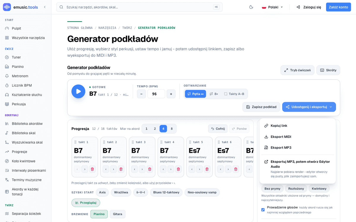 Otwarte menu Udostępnij i eksportuj: Kopiuj link, Eksport MIDI, Eksport MP3 i Eksportuj MP3, potem otwórz Edytor audio