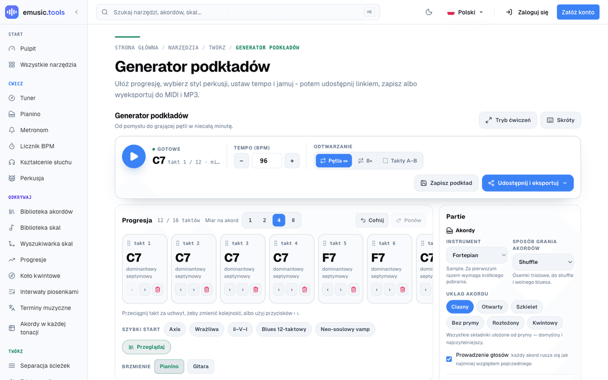 Generator podkładów z wczytanym presetem bluesa 12-taktowego w C7, dwanaście taktów widocznych w siatce progresji