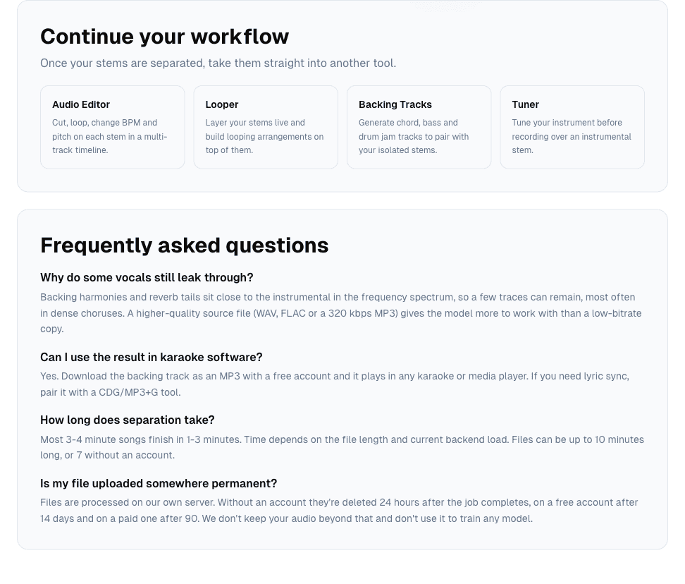 The karaoke maker's related-tools cards and FAQ section, including the leak question and the retention answer
