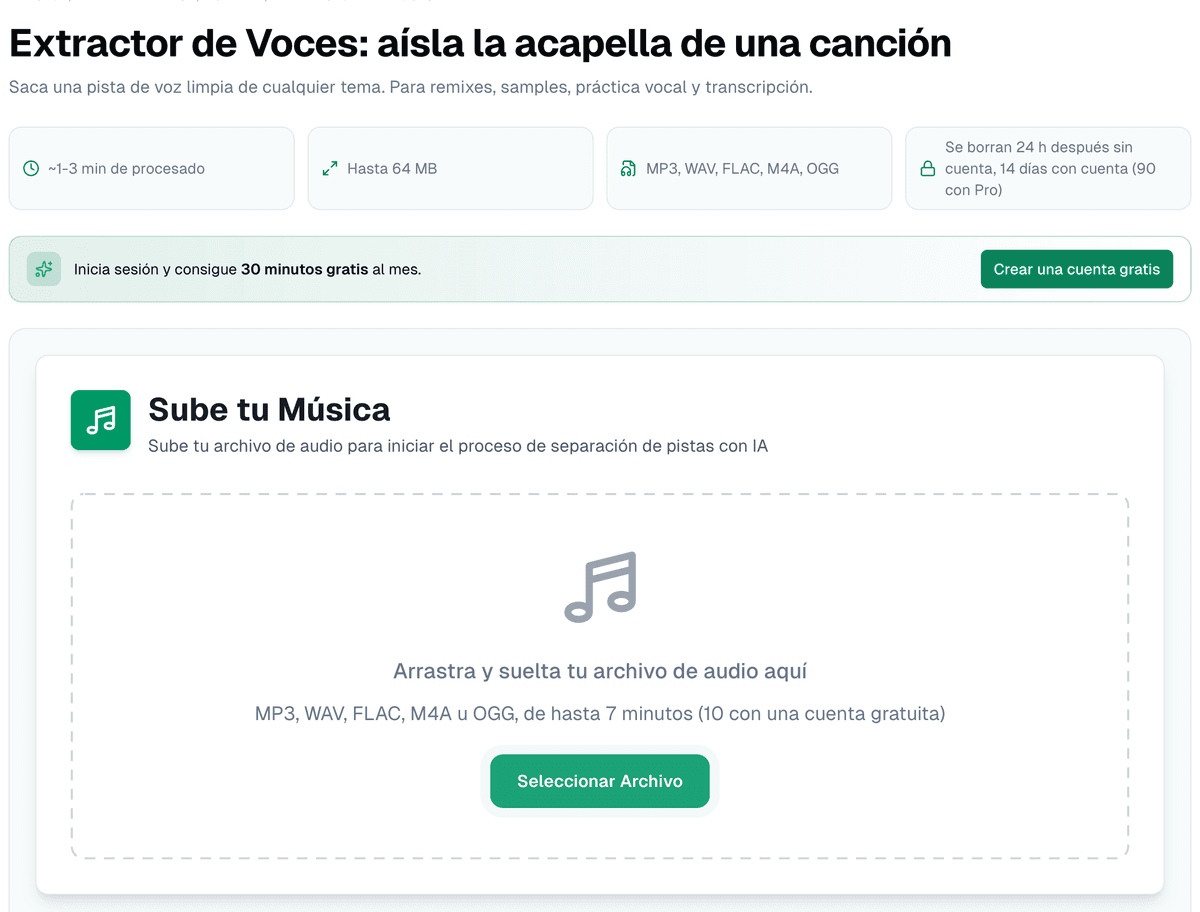 La página del extractor de voces, visualmente idéntica al generador de karaoke salvo por el título y el subtítulo