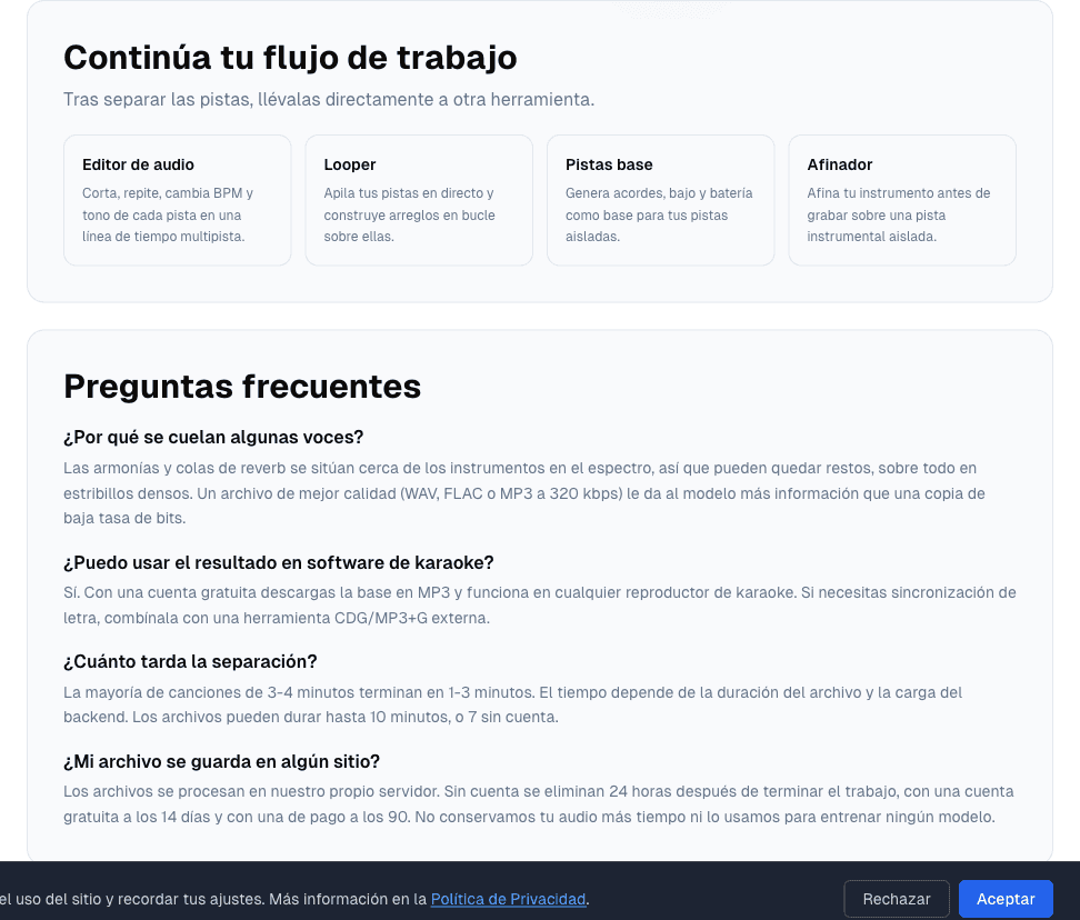 Las tarjetas de herramientas relacionadas y la sección de preguntas frecuentes del generador de karaoke, incluida la pregunta sobre fugas de voz y la respuesta sobre retención