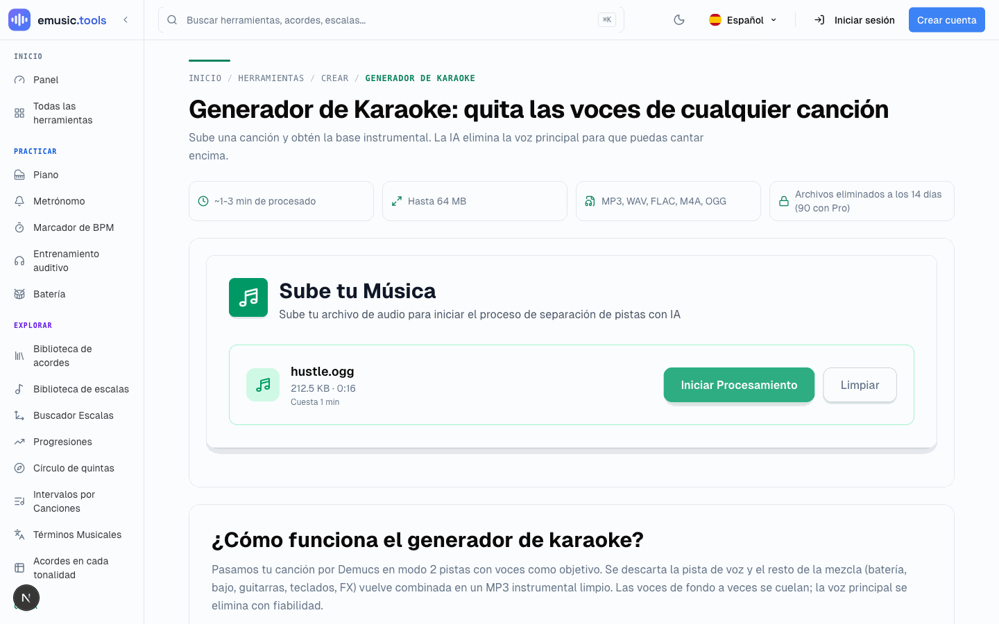 Un archivo seleccionado para subir con la casilla de confirmación de derechos, antes de que empiece el procesamiento