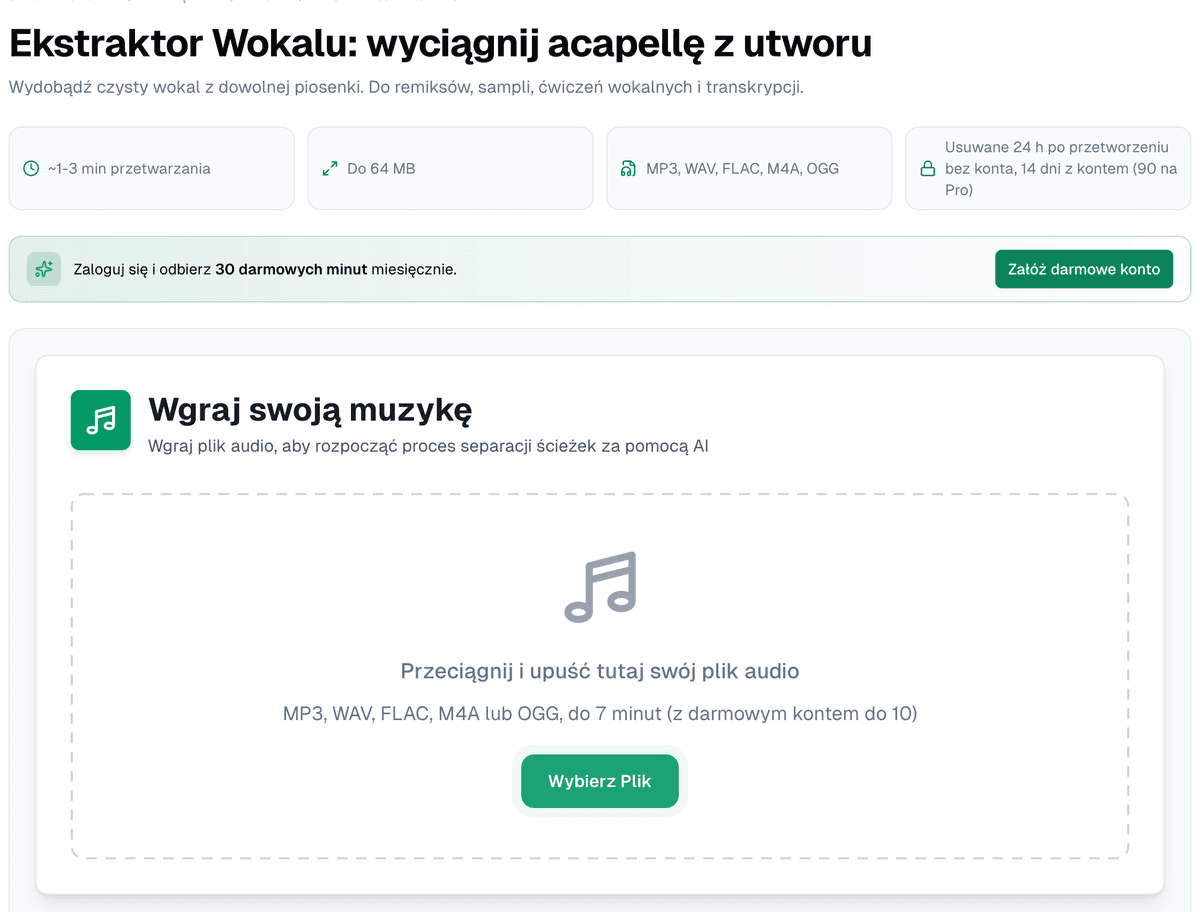 Strona ekstraktora wokalu, wizualnie identyczna z generatorem karaoke poza tytułem i podtytułem