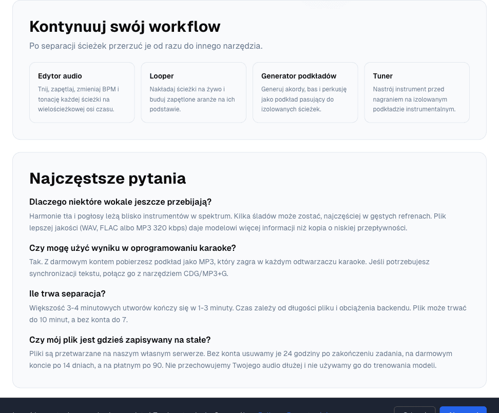 Karty powiązanych narzędzi i sekcja FAQ generatora karaoke, w tym pytanie o przeciekanie i odpowiedź o retencji