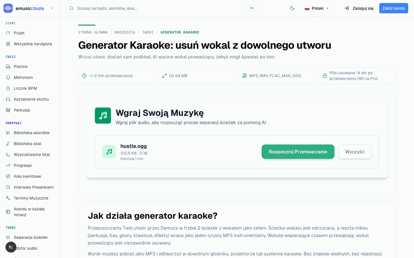 Wybrany do wgrania plik z checkboxem potwierdzenia praw, przed rozpoczęciem przetwarzania