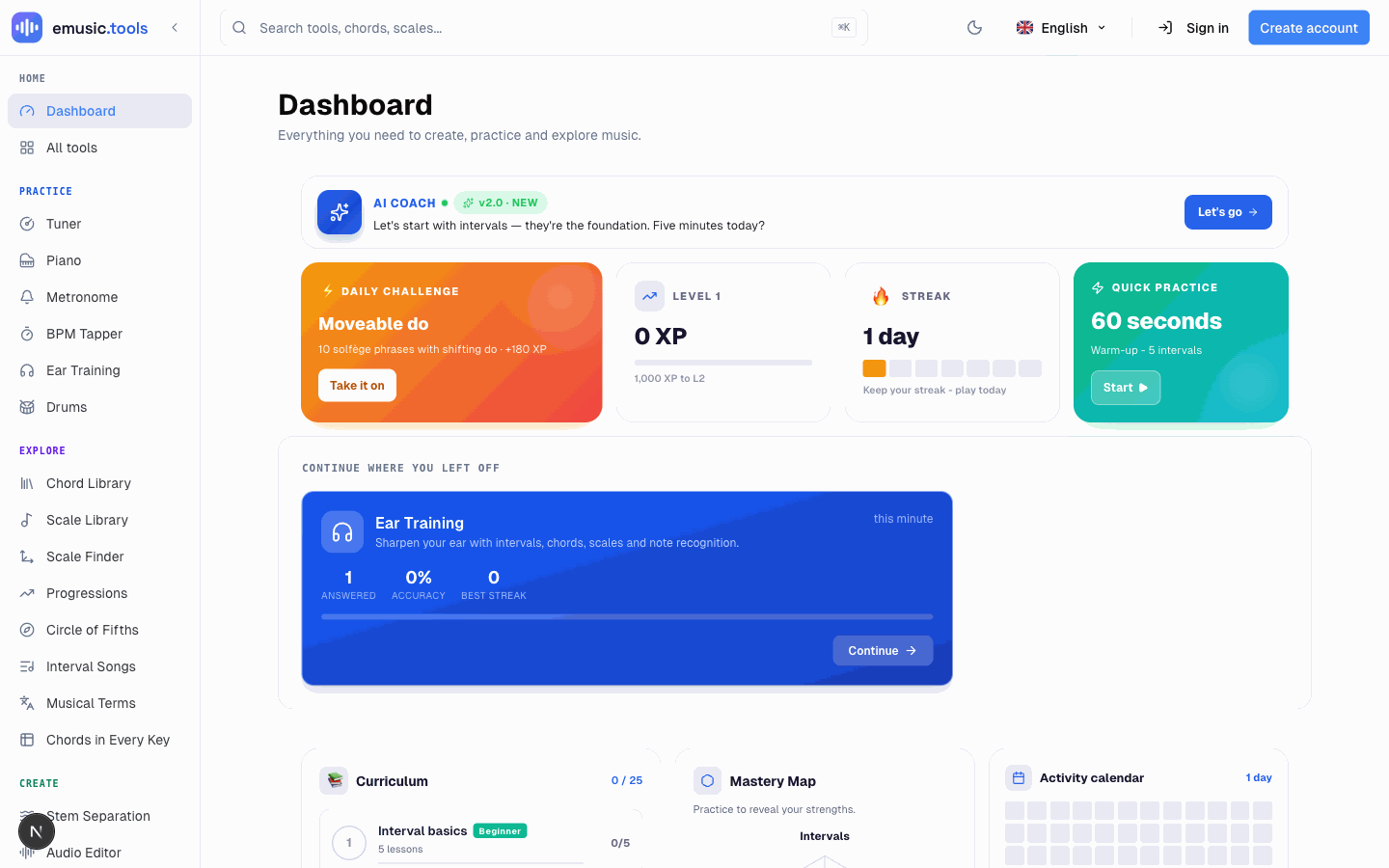 The dashboard's AI Coach card with its starter suggestion, next to daily challenge, level, streak and quick practice cards
