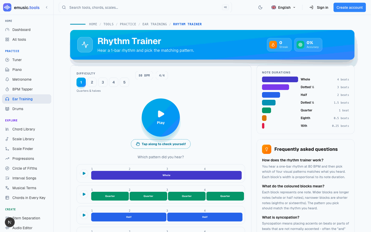 The rhythm trainer: a Play button, a tap-along check option, and four rhythm patterns built from coloured note-duration blocks
