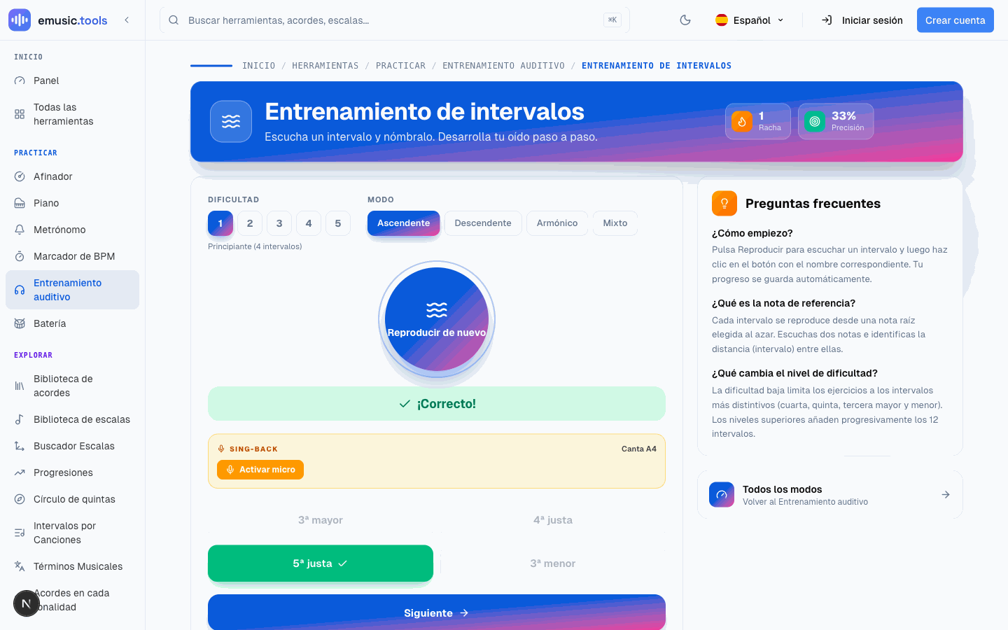 Tras responder: el botón equivocado en rojo, el correcto en verde, y un panel Canto que ofrece comprobar la nota por micrófono