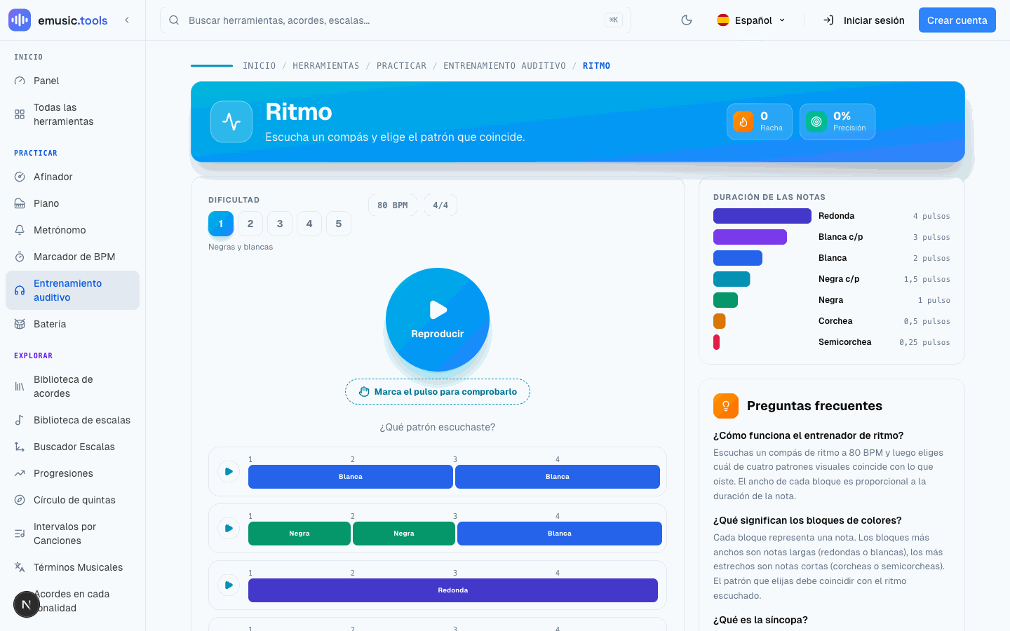 El entrenador de ritmo: un botón Reproducir, una opción para marcar el pulso y comprobarlo, y cuatro patrones rítmicos hechos de bloques de color según su duración