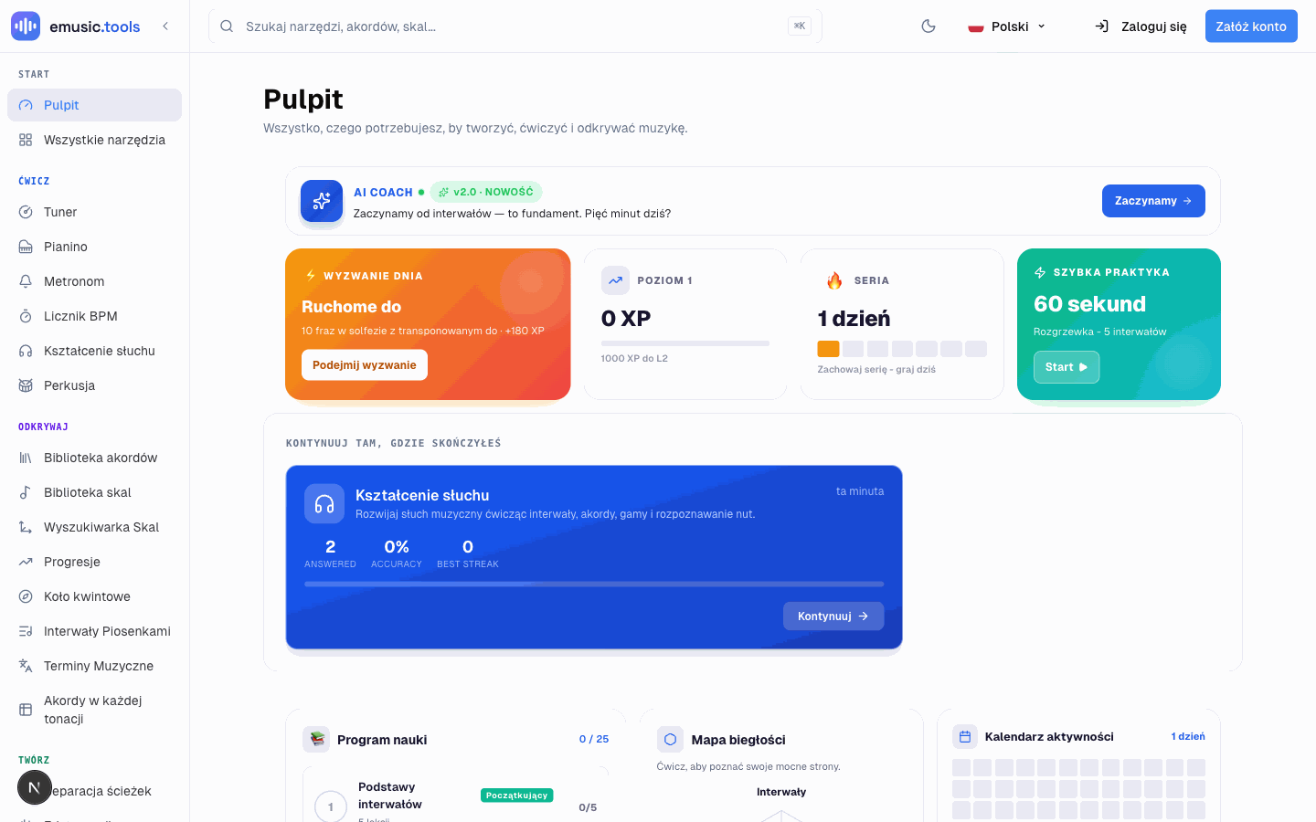 Karta AI Coach na pulpicie ze zdaniem na start, obok kart wyzwania dnia, poziomu, serii i szybkiej praktyki